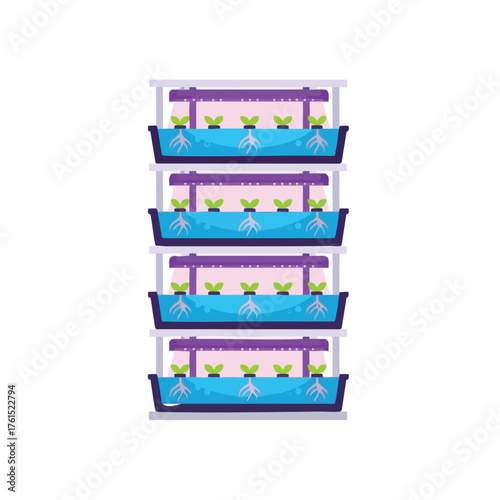 Vertical hydroponic farming system with plants growing under purple grow lights.