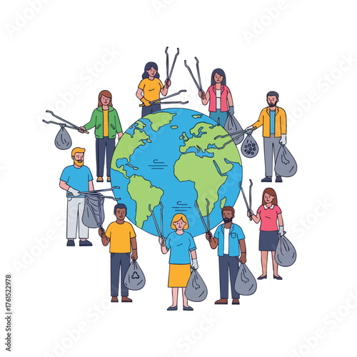 People around the globe cleaning up the environment, holding trash bags and tongs.