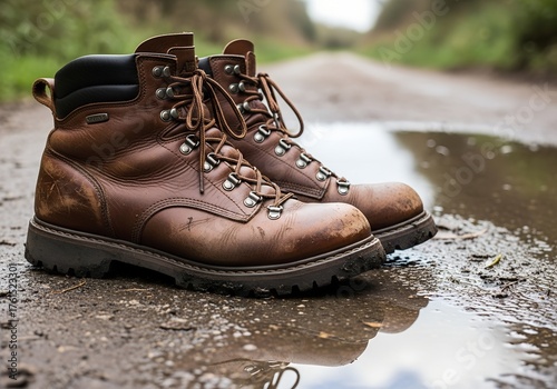Brown Leather Hiking Boots on Muddy Trail After Rain