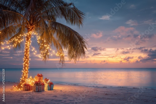 Tropical Beach Christmas Tree with Palm Lights and Sunset — Exotic Holiday Celebration under Fairy Lights