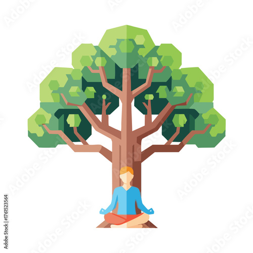 Man meditating under a stylized tree, symbolizing peace and nature.