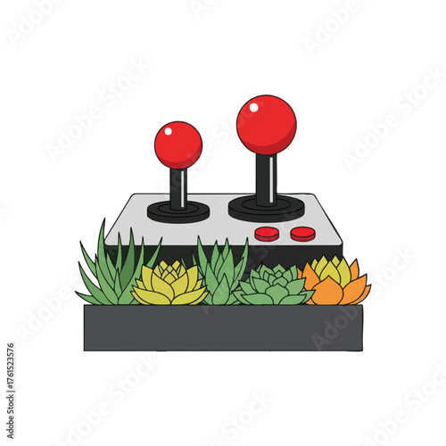 Retro joystick and arcade buttons nestled among colorful succulents.