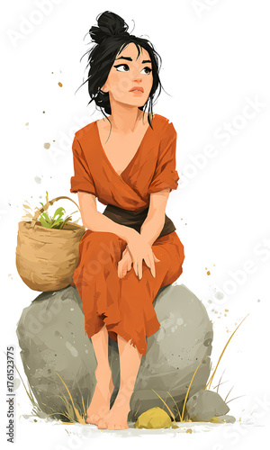 Primitive Woman Sitting, Side Profile Portrait, Vibrant Red Wrap Dress, Gathering Woven Basket, Stone Age Activity, Barefoot Simple Attire, Isolated Full Body Illustration