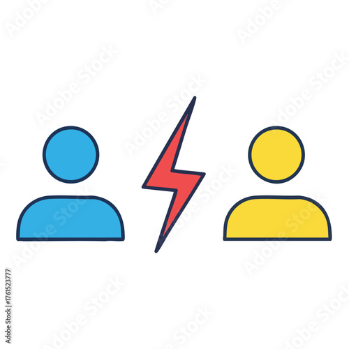 Two abstract figures face off with a lightning bolt between them, symbolizing conflict.