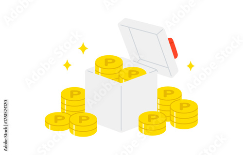 山積みのポイントコインとフタがあいたプレゼントボックス【ベクターイラスト素材】