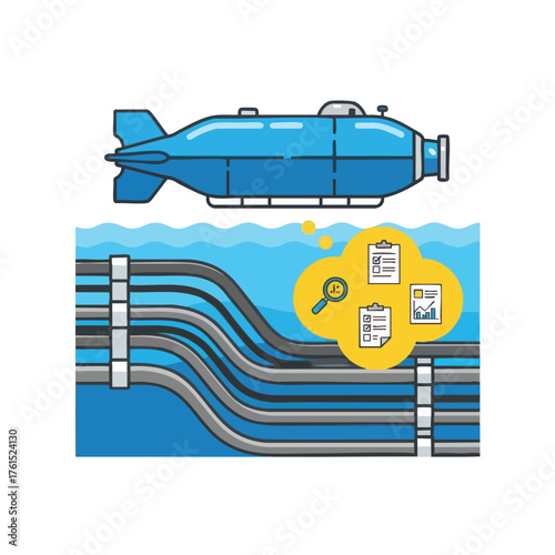 Submarine exploring underwater pipes, with a thought bubble of data analysis.