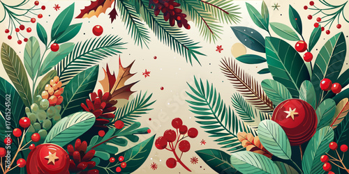 Seamless floral and bird pattern with colorful feathers, perfect for a Christmas or winter holiday decoration and new year celebration illustration