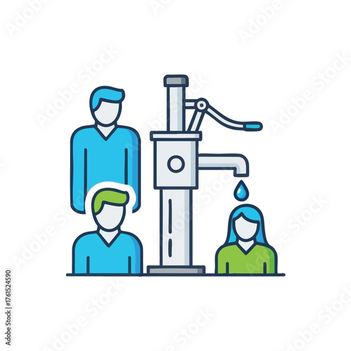 Stylized of people gathering around a water pump with a drop falling.