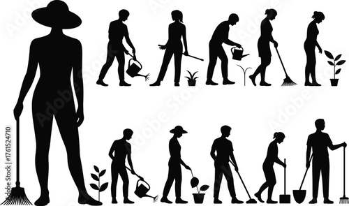 Gardening silhouettes, people planting, watering plants, digging soil, outdoor activity, lifestyle concept, farming illustration, eco friendly art, garden work