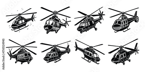 Set of black helicopter  silhouettes vector illustrations isolated on white background