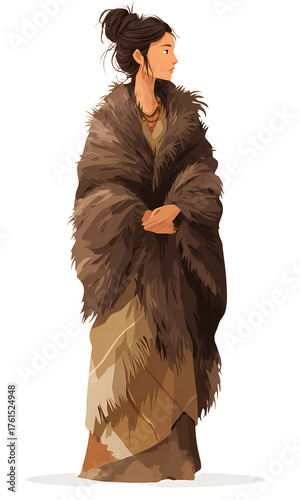 Stone Age Woman Standing, Full Length Portrait, Heavy Fur Trimmed Wrap, Primitive Indigenous Attire, Ancient Hunter Gatherer, Dark Hair Updo, Earth Tone Textiles, White Background Isolated