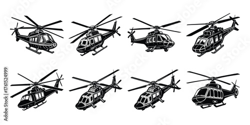 Set of black helicopter  silhouettes vector illustrations isolated on white background