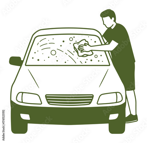 A man cleaning a car windshield depicting car care and maintenance icon in green