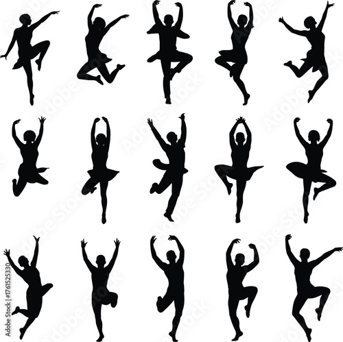 Dance silhouettes, ballet poses, contemporary movement, graceful dancers, performance art, choreography illustration, lifestyle concept, fitness activity, expressive body motion