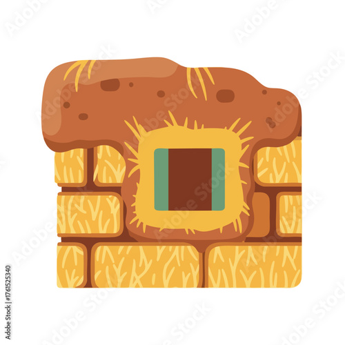 Cartoon straw bale building with a window.