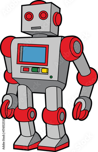 Cartoon robot vector, humanoid bot illustration, retro robot design, technology icon, kids robotics graphic, flat style, cad drawing flat vector illustration