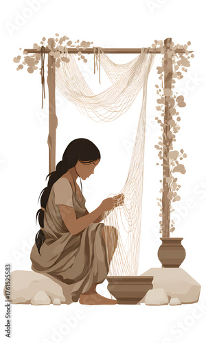 Ancient Woman Repairing Net, Squatting Side Profile, Primitive Fishing Gear, Hunter Gatherer Activity, Traditional Daily Task, Earthenware Pottery, Rustic Wood Structure, Sepia Monochrome Artwork