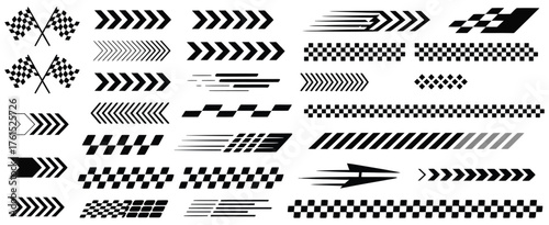 Race Car Stripes and Racing Cars Vector Set – Checkered Flag, Finish Line, Dynamic Lines, Motocross Labels, Motorsport Themes, Speed Stripes, and Competition Design Elements