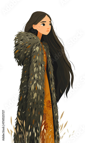 Ancient Woman Portrait, Standing Long Dark Hair, Primitive Leaf Texture Coat, Hunter Gatherer Clothing, Tribal Cultural Wear, Earth Tone Garments, Long Overcoat Design, White Background Isolated