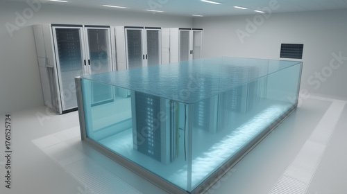 Submerged Data Servers in Liquid Cooling Tank in Modern Data Center Room