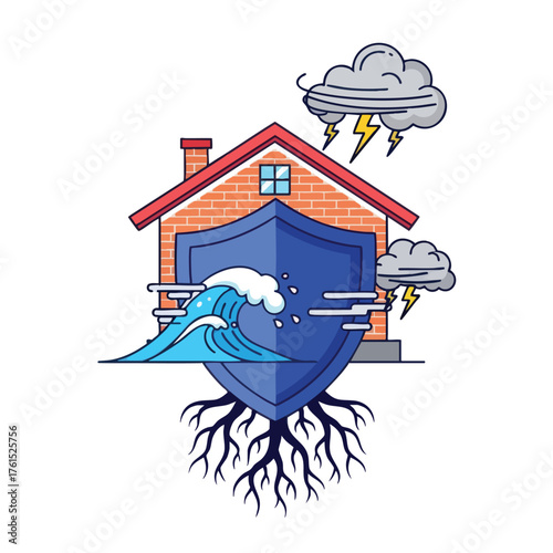 A house protected by a shield from a wave and storm.