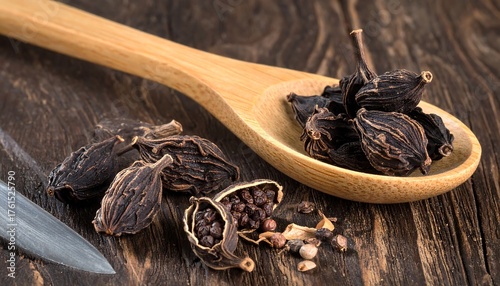 Fototapeta Naklejka Na Ścianę i Meble -  Close-up view of dried spice pods on a wooden spoon, with a knife