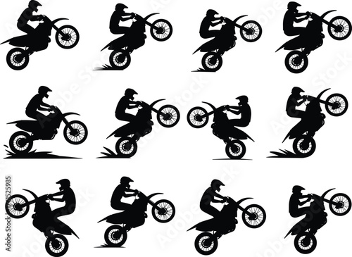 Dirt bike wheelie silhouette, motocross stunt rider, black vector icons, helmet safety, off-road sport action, cad drawing flat vector illustration