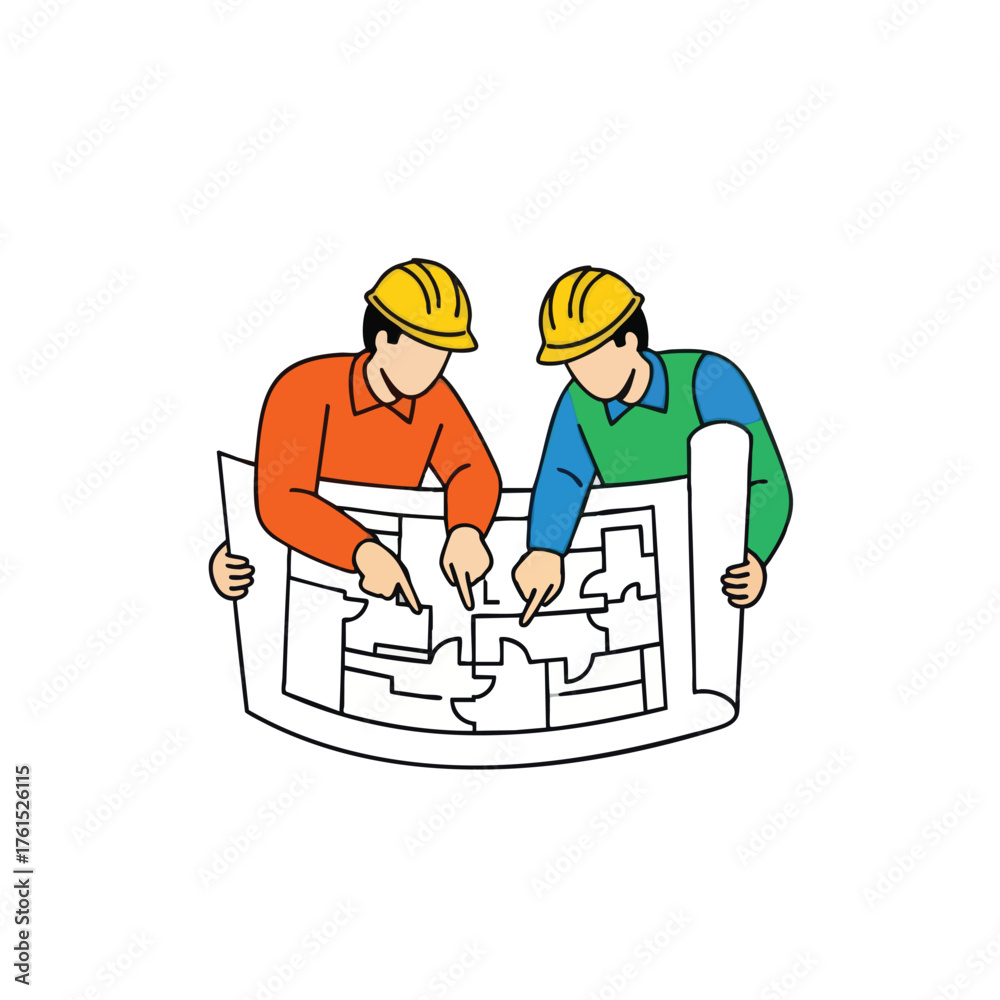 Fototapeta premium Two workers in hard hats discuss a blueprint.