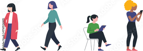 Diverse group of women in casual clothing engaged in various activities