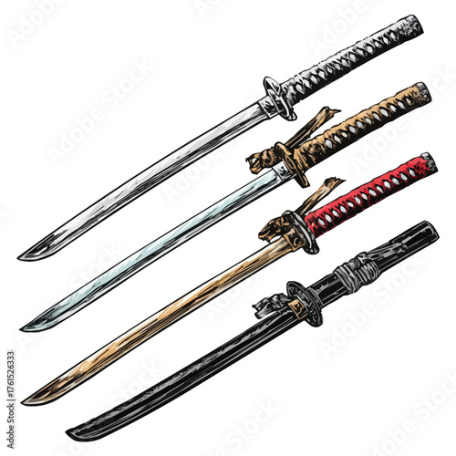 Vector Illustration Colored Images With Black Outline (Samurai Swords)