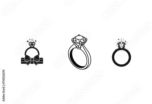 Diamond ring vector silhouette collection showcasing elegant jewelry designs for engagement and wedding isolated on white background