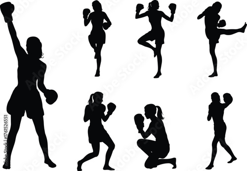 Boxing silhouettes, fighter stances, punching action, martial arts, combat sport, training illustration, self defense, fitness workout, victory pose, dynamic movement
