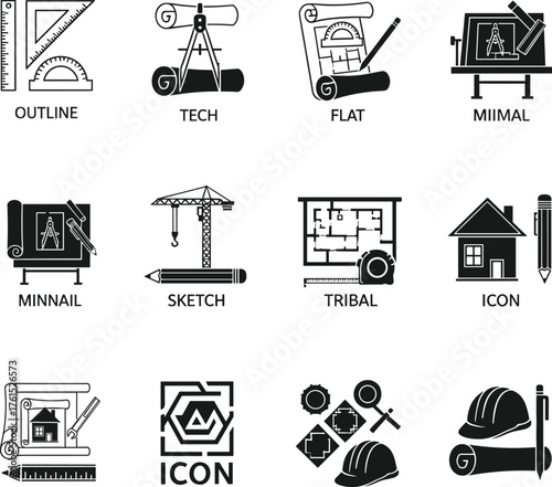 Architectural icon set, blueprint tools, drafting table, construction helmet, tribal design, engineering symbols, minimal sketch style, technical drawing, design concept grid