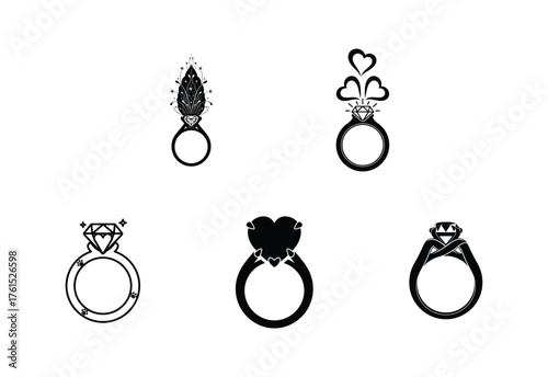 Vector silhouette collection of five elegant jewelry rings featuring diamond and heart designs isolated on white background