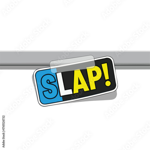A sticker with the word SLAP! in bold letters, with a blue and yellow color scheme.