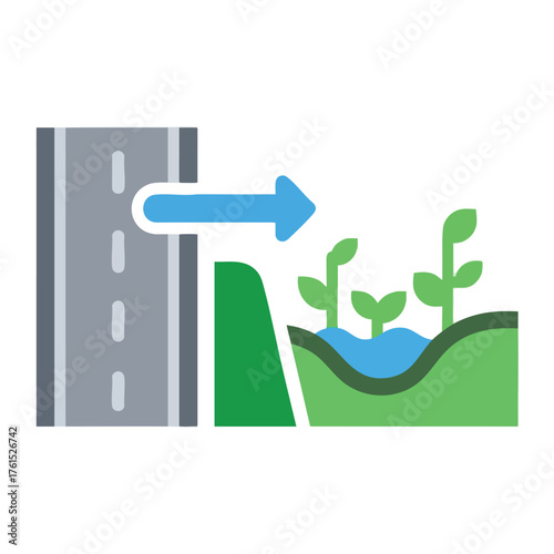 of a road with an arrow pointing tods growing plants and water.