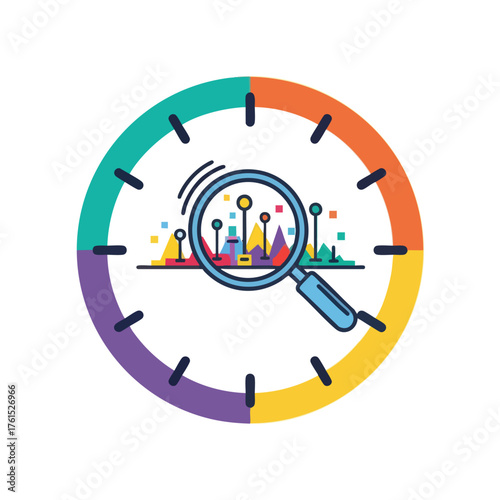 A magnifying glass over a colorful chart resembling a clock face.