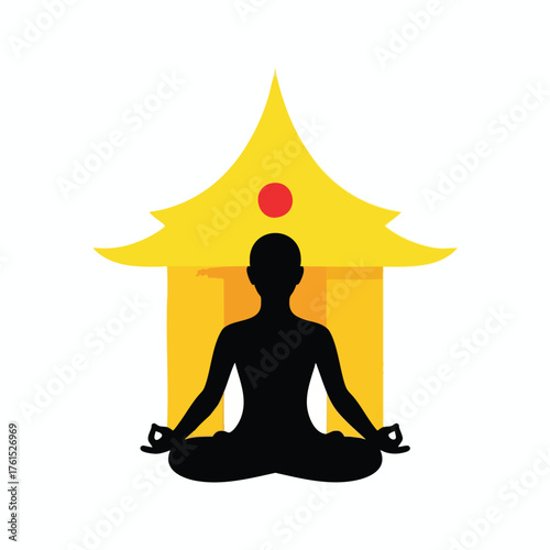 Silhouette of person meditating in front of a golden temple-like structure.