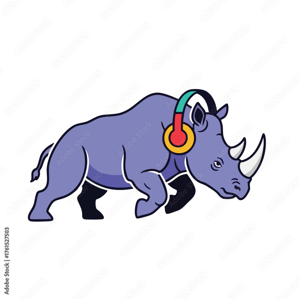 Fototapeta premium A cartoon rhino wearing colorful headphones.