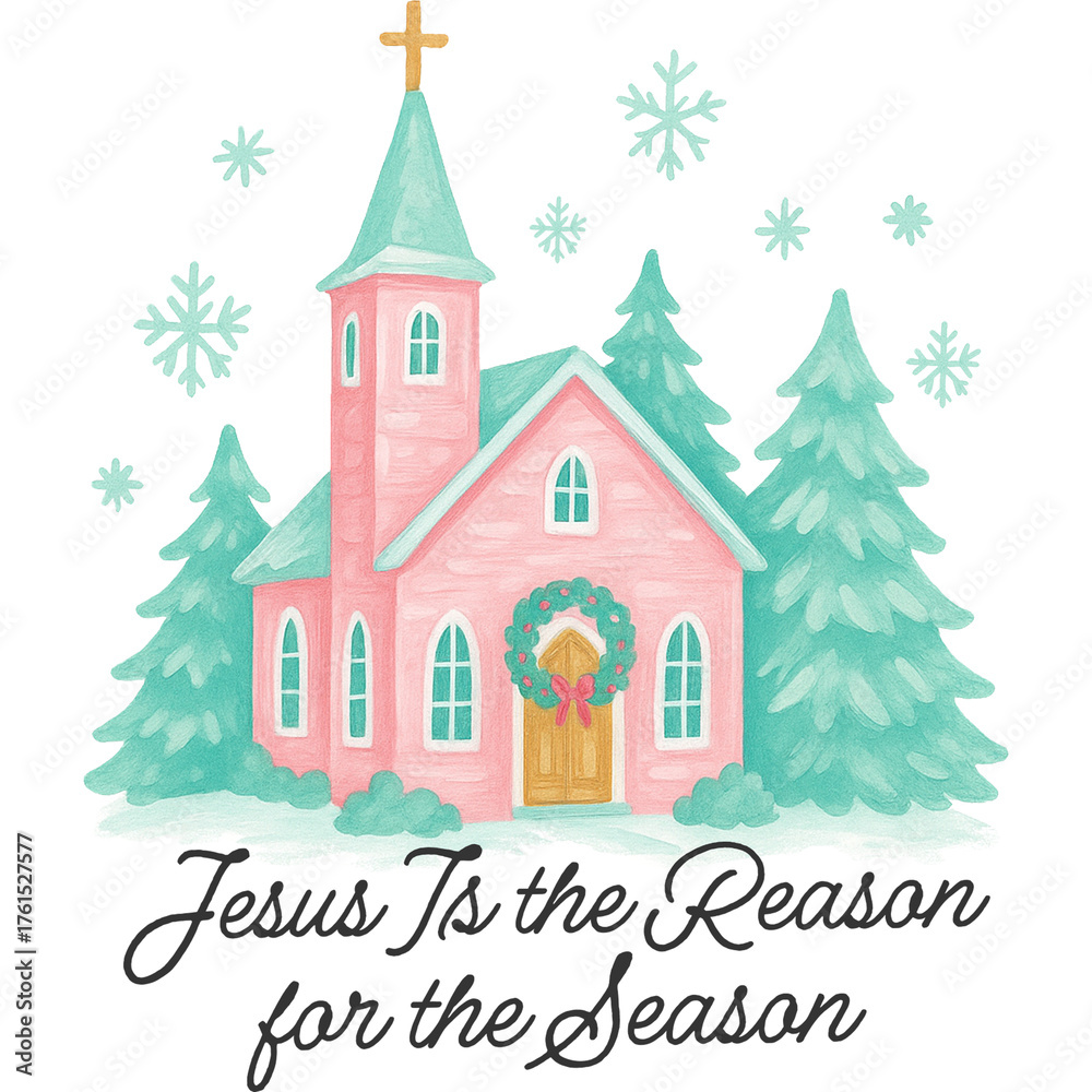 Fototapeta premium Jesus is the reason for the season - Christian Christmas t-shirt, Religious Nativity Clipart, Faith Christmas Quotes, Holy Night watercolor landscape art, Xmas Holiday Church design sublimation 