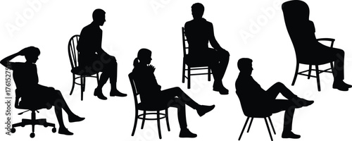 Chair silhouettes, sitting posture, office chair, dining chair, armchair design, human figure poses, ergonomics concept, lifestyle illustration, furniture art