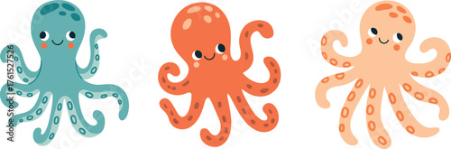 Three cute cartoon octopuses in teal orange and peach colors