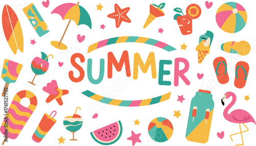 Bright and colorful summer vacation elements and icons