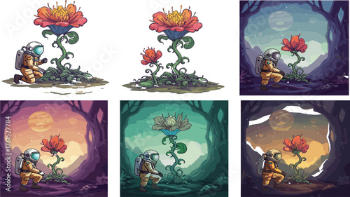 Astronaut exploring surreal alien flower, cosmic nature scene, fantasy sci-fi landscape, moonlight discovery, futuristic botany, space adventure, extraterrestrial flora illustration