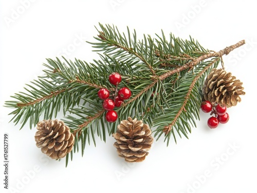 A festive Christmas arrangement featuring pine branches, cones, red berries, and shiny ornaments in gold and red tones on a white background.
