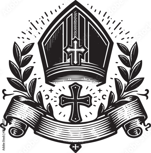 Illustration of a Religious Symbol with a Mitre, Cross, Laurel W