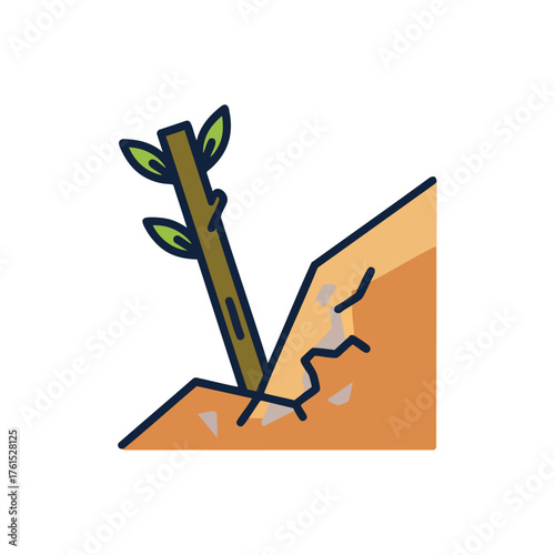 A seedling sprouts from cracked, uneven ground.