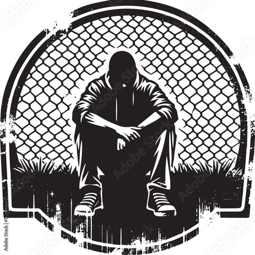 Silhouette of a person sitting in front of a fence, a graphic il