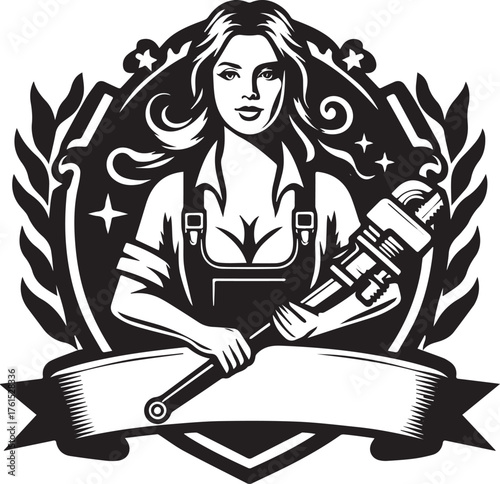 Elegant female plumber holding a wrench in a vintage emblem styl