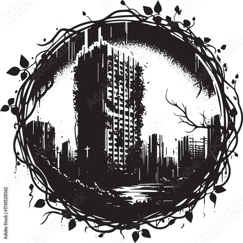Black and white illustration of a city engulfed by nature, repre